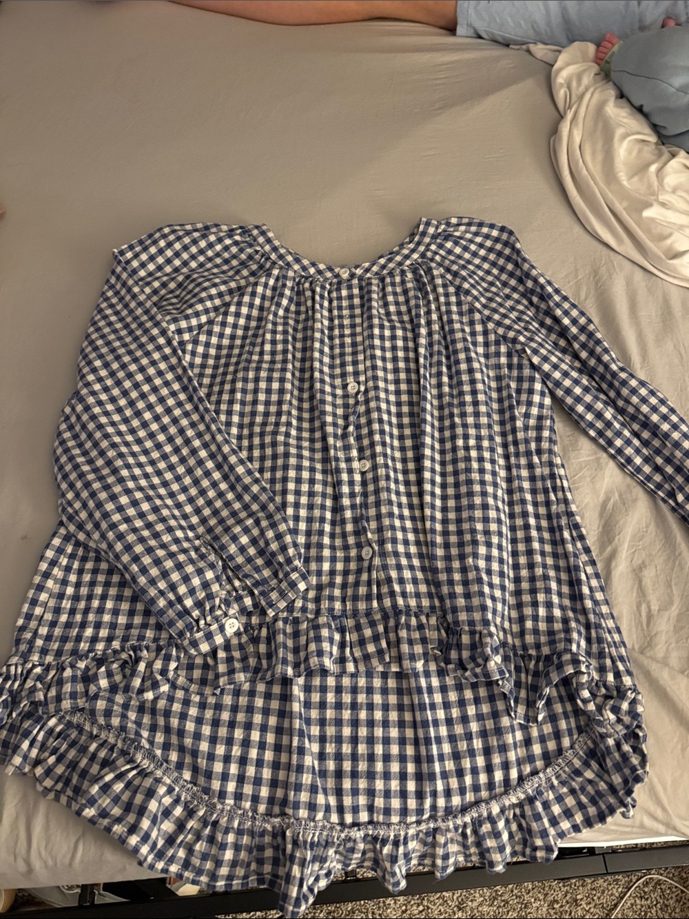 Blue and White Gingham Ruffled Long-Sleeve Women's Top and matching shorts.